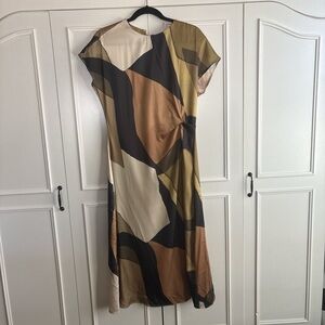 Abstract Color-Block Cap-Sleeve Midi Dress in Neutral Mix